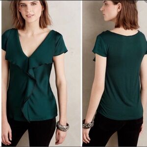 ANTHROPOLOGIE Meadow Rue Forest Dark Green Cascade Ruffle Top Blouse Medium